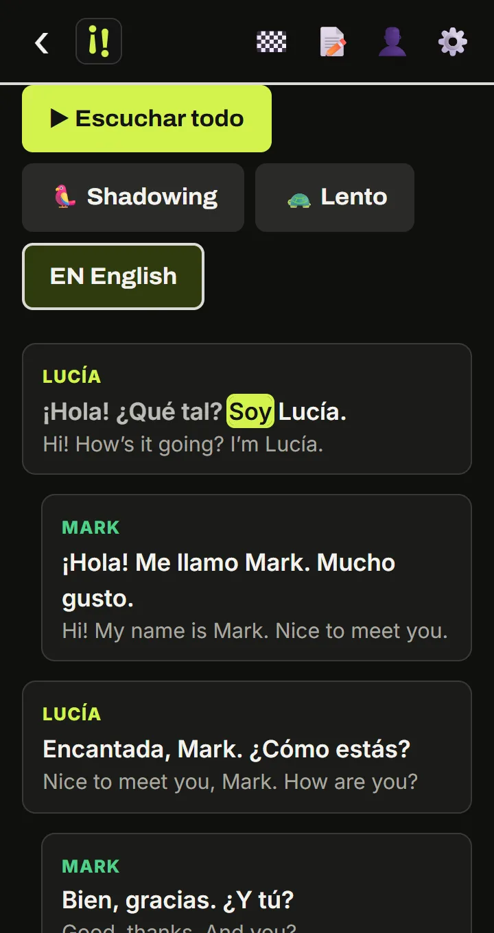 Diálogo de la app con karaoke: la palabra Soy está iluminada