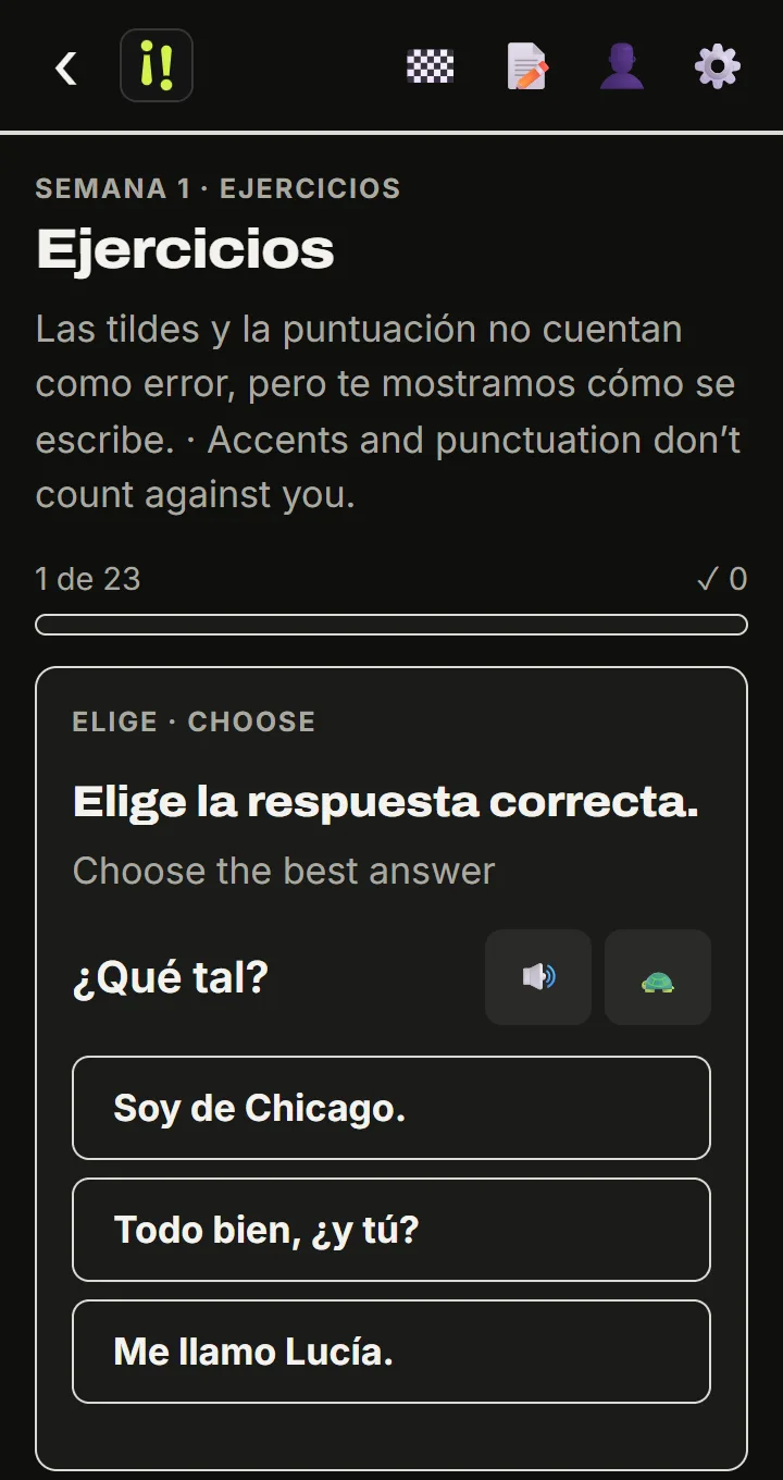 Ejercicio de la app: elige la mejor respuesta a ¿Qué tal?