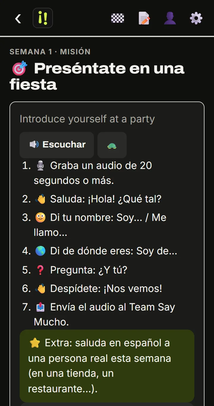 Misión de la app: graba un audio de 20 segundos o más para presentarte