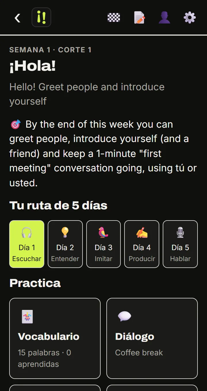 Página de la semana en la app, con la ruta de 5 días y la práctica
